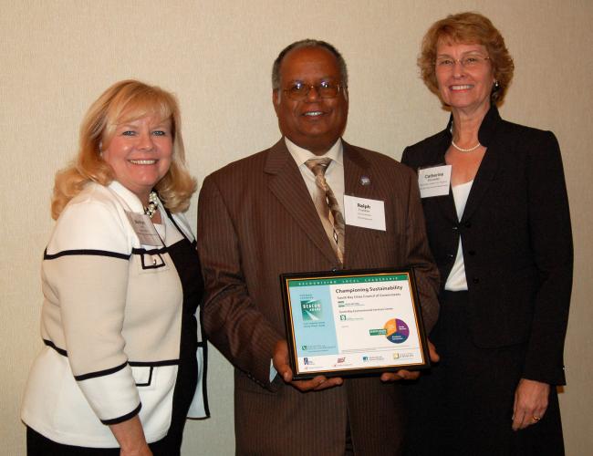 Inglewood City Council Member Ralph Franklin with Program Manager Marilyn Lyon (left) and Deputy Executive Director Catherine Showalter, South Bay Cities COG, celebrate designation as a Beacon Award Program Champion