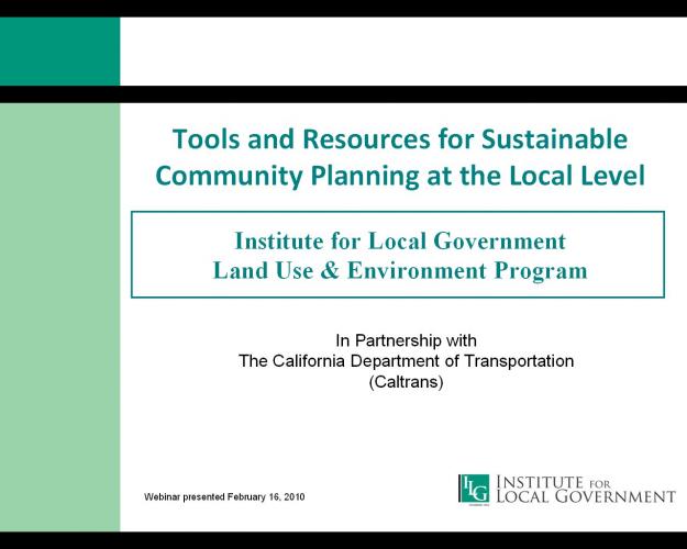 Tools and Resources for Sustainable Community Planning at the Local Level