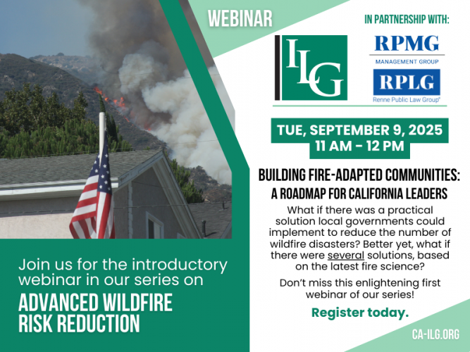 Webinar promotional graphic with photo of fire on Los Angeles hillside and webinar date, time, title, and description