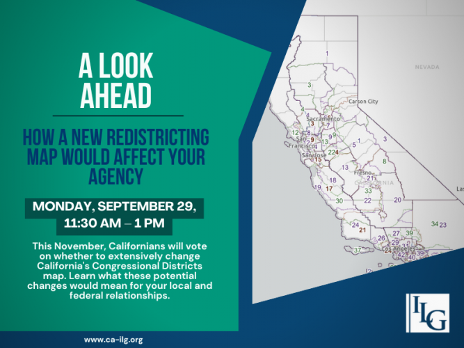 Redistricting webinar promotional graphic with date title and description