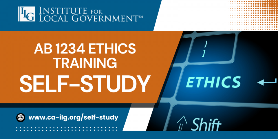 Promotional banner with the words AB 1234 Ethics Training self-study
